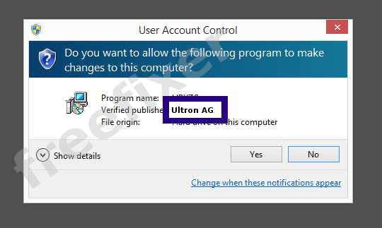 Screenshot where Ultron AG appears as the verified publisher in the UAC dialog